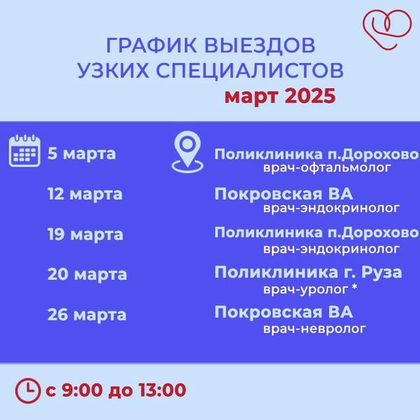 График выездов врачей по подразделениям Рузской больницы на март 2025 года