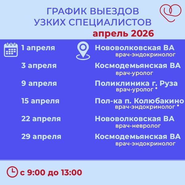 График выездов узких специалистов по подразделениям Рузской больницы на апрель