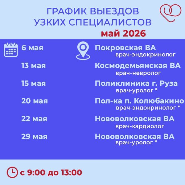 График выездов узких специалистов по подразделениям Рузской больницы на май
