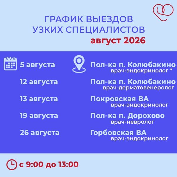 График выездов узких специалистов по подразделениям Рузской больницы на август