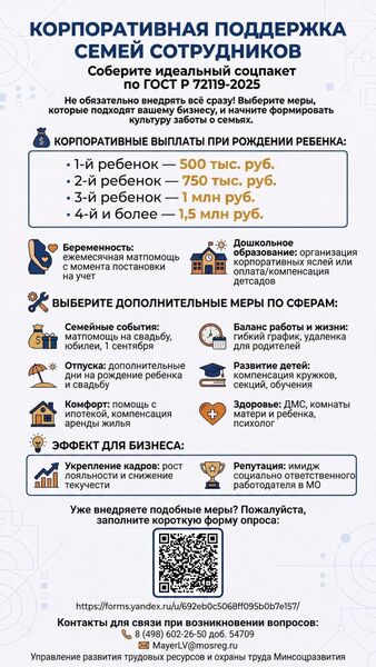 Бизнесу рекомендуют формировать соцпакеты по новому стандарту заботы о семьях сотрудников